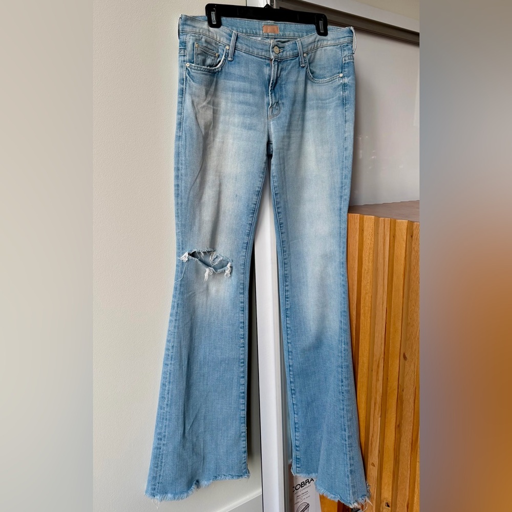 MOTHER The Slacker Fray Light Blue Distressed Flare Jeans